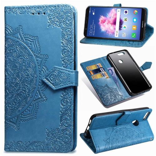 Huawei P Smart Coque, Saturcase Mandala Gaufrage Pu Cuir Magnétique Flip Portefeuille Support Porte-Carte Protecteur Coque Housse Étui Avec Dragonne Pour Huawei P Smart (Bleu)