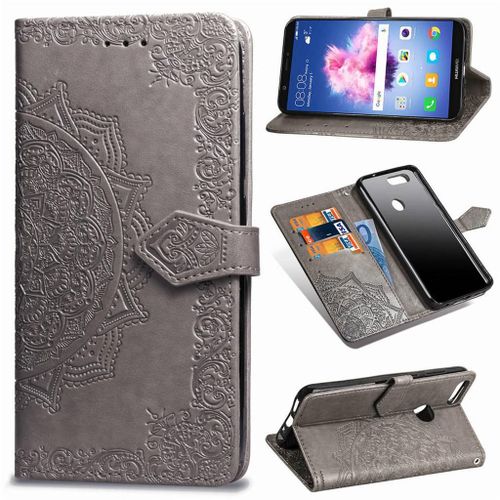 Huawei P Smart Coque, Saturcase Mandala Gaufrage Pu Cuir Magnétique Flip Portefeuille Support Porte-Carte Protecteur Coque Housse Étui Avec Dragonne Pour Huawei P Smart (Gris)