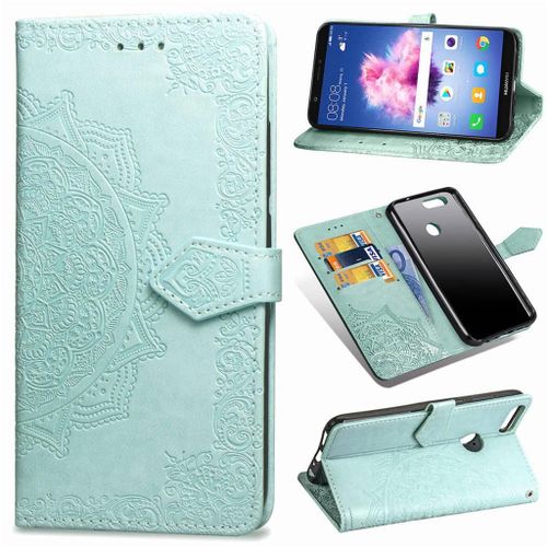 Huawei P Smart Coque, Saturcase Mandala Gaufrage Pu Cuir Magnétique Flip Portefeuille Support Porte-Carte Protecteur Coque Housse Étui Avec Dragonne Pour Huawei P Smart (Vert)