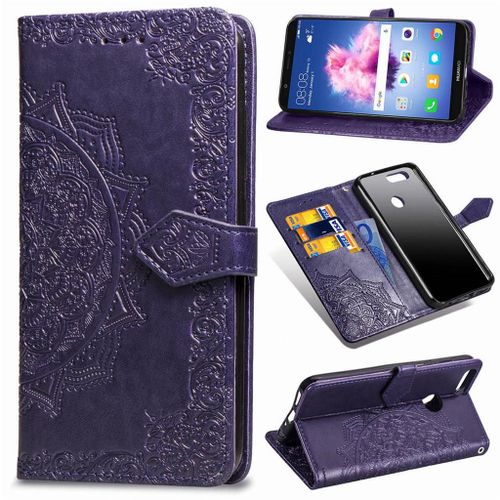 Huawei P Smart Coque, Saturcase Mandala Gaufrage Pu Cuir Magnétique Flip Portefeuille Support Porte-Carte Protecteur Coque Housse Étui Avec Dragonne Pour Huawei P Smart (Violet)