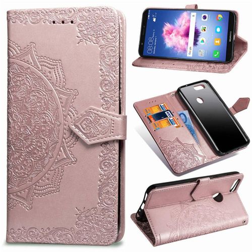 Huawei P Smart Coque, Saturcase Mandala Gaufrage Pu Cuir Magnétique Flip Portefeuille Support Porte-Carte Protecteur Coque Housse Étui Avec Dragonne Pour Huawei P Smart (Or Rose)