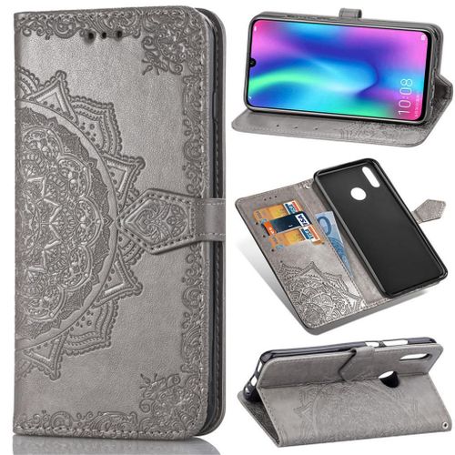 Huawei P Smart (2019) Coque, Saturcase Mandala Gaufrage Pu Cuir Magnétique Flip Portefeuille Support Porte-Carte Protecteur Coque Housse Étui Avec Dragonne Pour Huawei P Smart (2019) / Honor 10 Lite (Gris)