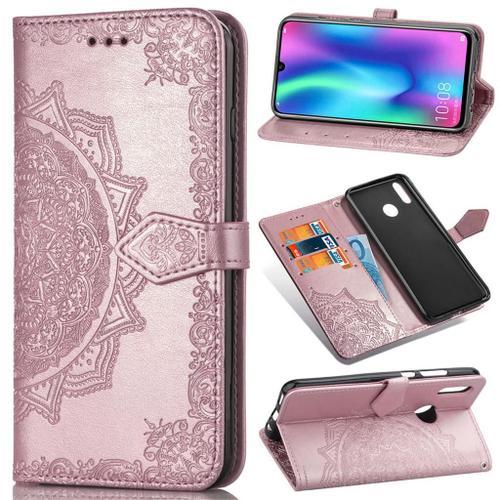 Huawei P Smart (2019) Coque, Saturcase Mandala Gaufrage Pu Cuir Magnétique Flip Portefeuille Support Porte-Carte Protecteur Coque Housse Étui Avec Dragonne Pour Huawei P Smart (2019) / Honor 10 Lite (Or Rose)