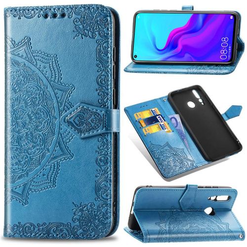 Huawei Nova 4 Coque, Saturcase Mandala Gaufrage Pu Cuir Magnétique Flip Portefeuille Support Porte-Carte Protecteur Coque Housse Étui Avec Dragonne Pour Huawei Nova 4 (Bleu)