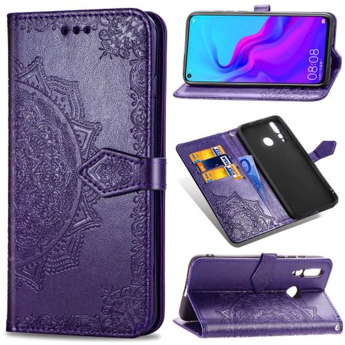 Huawei Nova 4 Coque, Saturcase Mandala Gaufrage Pu Cuir Magnétique Flip Portefeuille Support Porte-Carte Protecteur Coque Housse Étui Avec Dragonne Pour Huawei Nova 4 (Violet)