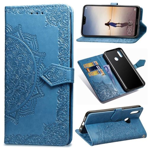 Huawei P20 Lite Coque, Saturcase Mandala Gaufrage Pu Cuir Magnétique Flip Portefeuille Support Porte-Carte Protecteur Coque Housse Étui Avec Dragonne Pour Huawei P20 Lite (Bleu)