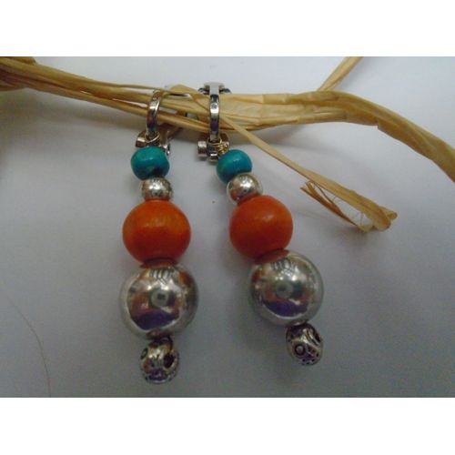 Boucles D'oreilles A Clips Pendante Longue Orange Turquoise A Voir