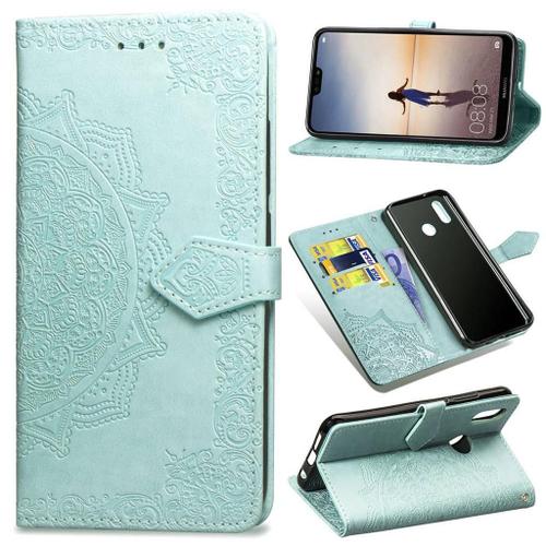 Huawei P20 Lite Coque, Saturcase Mandala Gaufrage Pu Cuir Magnétique Flip Portefeuille Support Porte-Carte Protecteur Coque Housse Étui Avec Dragonne Pour Huawei P20 Lite (Vert)