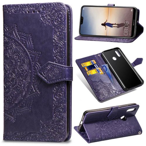 Huawei P20 Lite Coque, Saturcase Mandala Gaufrage Pu Cuir Magnétique Flip Portefeuille Support Porte-Carte Protecteur Coque Housse Étui Avec Dragonne Pour Huawei P20 Lite (Violet)
