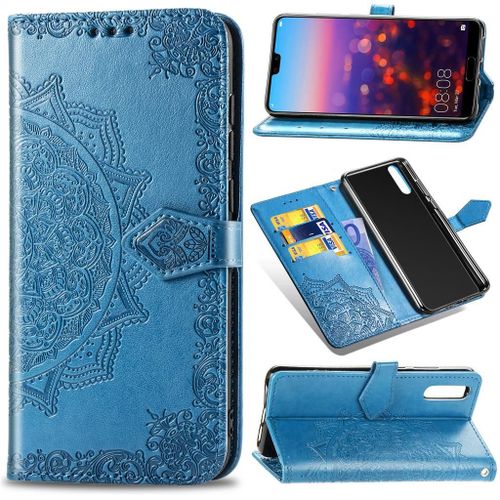 Huawei P20 Coque, Saturcase Mandala Gaufrage Pu Cuir Magnétique Flip Portefeuille Support Porte-Carte Protecteur Coque Housse Étui Avec Dragonne Pour Huawei P20 (Bleu)