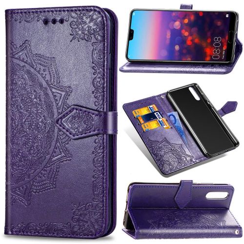Huawei P20 Coque, Saturcase Mandala Gaufrage Pu Cuir Magnétique Flip Portefeuille Support Porte-Carte Protecteur Coque Housse Étui Avec Dragonne Pour Huawei P20 (Violet)