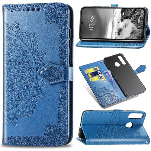 Huawei P30 Lite Coque, Saturcase Mandala Gaufrage Pu Cuir Magnétique Flip Portefeuille Support Porte-Carte Protecteur Coque Housse Étui Avec Dragonne Pour Huawei P30 Lite (Bleu)
