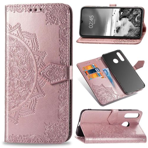 Huawei P30 Lite Coque, Saturcase Mandala Gaufrage Pu Cuir Magnétique Flip Portefeuille Support Porte-Carte Protecteur Coque Housse Étui Avec Dragonne Pour Huawei P30 Lite (Or Rose)