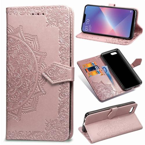 Oppo A5 Coque, Saturcase Mandala Gaufrage Pu Cuir Magnétique Flip Portefeuille Support Porte-Carte Protecteur Coque Housse Étui Avec Dragonne Pour Oppo A5 (Or Rose)