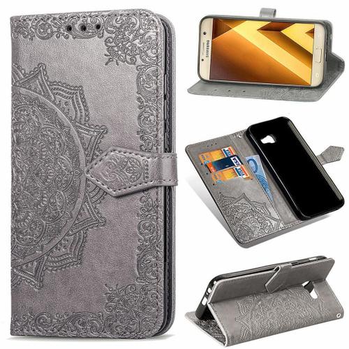 Samsung Galaxy A3 (2017) Coque, Saturcase Mandala Gaufrage Pu Cuir Magnétique Flip Portefeuille Support Porte-Carte Protecteur Coque Housse Étui Avec Dragonne Pour Samsung Galaxy A3 (2017) (Gris)