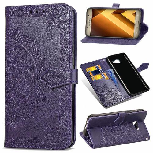 Samsung Galaxy A3 (2017) Coque, Saturcase Mandala Gaufrage Pu Cuir Magnétique Flip Portefeuille Support Porte-Carte Protecteur Coque Housse Étui Avec Dragonne Pour Samsung Galaxy A3 (2017) (Violet)