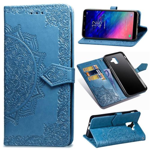 Samsung Galaxy A6 2018 Coque, Saturcase Mandala Gaufrage Pu Cuir Magnétique Flip Portefeuille Support Porte-Carte Protecteur Coque Housse Étui Avec Dragonne Pour Samsung Galaxy A6 2018 (Bleu)