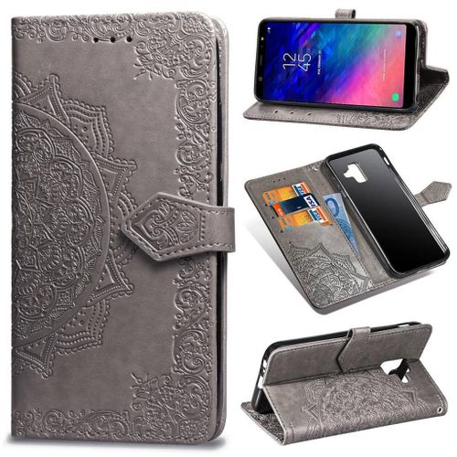 Samsung Galaxy A6 2018 Coque, Saturcase Mandala Gaufrage Pu Cuir Magnétique Flip Portefeuille Support Porte-Carte Protecteur Coque Housse Étui Avec Dragonne Pour Samsung Galaxy A6 2018 (Gris)