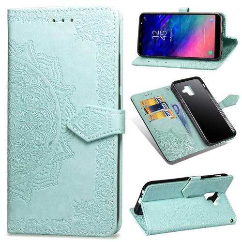 Samsung Galaxy A6 2018 Coque, Saturcase Mandala Gaufrage Pu Cuir Magnétique Flip Portefeuille Support Porte-Carte Protecteur Coque Housse Étui Avec Dragonne Pour Samsung Galaxy A6 2018 (Vert)