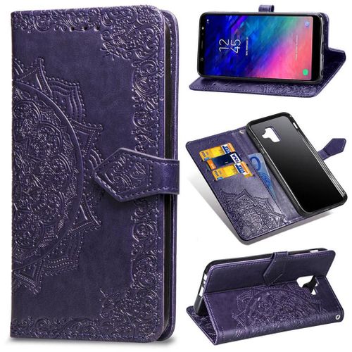 Samsung Galaxy A6 2018 Coque, Saturcase Mandala Gaufrage Pu Cuir Magnétique Flip Portefeuille Support Porte-Carte Protecteur Coque Housse Étui Avec Dragonne Pour Samsung Galaxy A6 2018 (Violet)