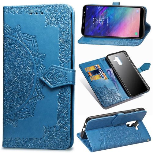 Samsung Galaxy A6 Plus 2018 Coque, Saturcase Mandala Pu Cuir Magnétique Flip Portefeuille Support Porte-Carte Protecteur Coque Housse Étui Avec Dragonne Pour Samsung Galaxy A6 Plus 2018 (Bleu)