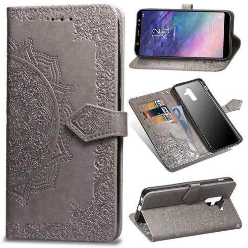 Samsung Galaxy A6 Plus 2018 Coque, Saturcase Mandala Pu Cuir Magnétique Flip Portefeuille Support Porte-Carte Protecteur Coque Housse Étui Avec Dragonne Pour Samsung Galaxy A6 Plus 2018 (Gris)