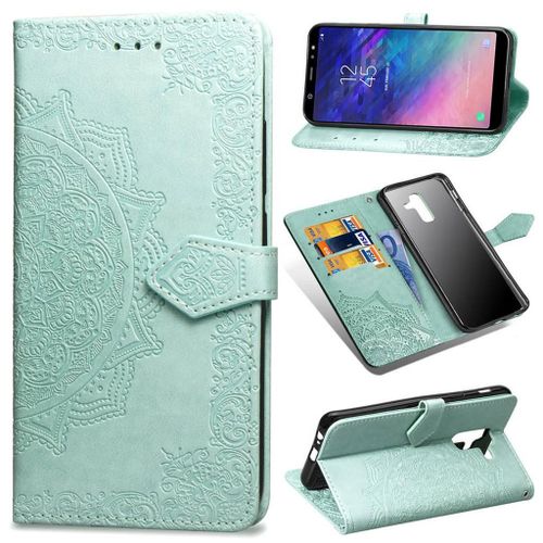 Samsung Galaxy A6 Plus 2018 Coque, Saturcase Mandala Pu Cuir Magnétique Flip Portefeuille Support Porte-Carte Protecteur Coque Housse Étui Avec Dragonne Pour Samsung Galaxy A6 Plus 2018 (Vert)
