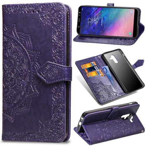 Samsung Galaxy A6 Plus 2018 Coque, Saturcase Mandala Pu Cuir Magnétique Flip Portefeuille Support Porte-Carte Protecteur Coque Housse Étui Avec Dragonne Pour Samsung Galaxy A6 Plus 2018 (Violet)