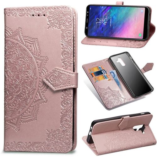 Samsung Galaxy A6 Plus 2018 Coque, Saturcase Mandala Pu Cuir Magnétique Flip Portefeuille Support Porte-Carte Protecteur Coque Housse Étui Avec Dragonne Pour Samsung Galaxy A6 Plus 2018 (Or Rose)