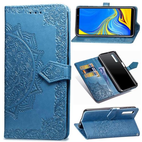 Samsung Galaxy A7 2018 Coque, Saturcase Mandala Gaufrage Pu Cuir Magnétique Flip Portefeuille Support Porte-Carte Protecteur Coque Housse Étui Avec Dragonne Pour Samsung Galaxy A7 2018 (Bleu)