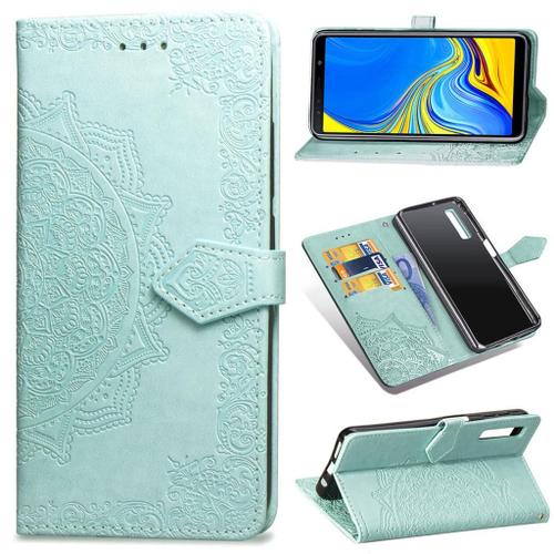 Samsung Galaxy A7 2018 Coque, Saturcase Mandala Gaufrage Pu Cuir Magnétique Flip Portefeuille Support Porte-Carte Protecteur Coque Housse Étui Avec Dragonne Pour Samsung Galaxy A7 2018 (Vert)