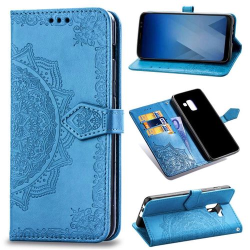 Samsung Galaxy A8 (2018) Coque, Saturcase Mandala Gaufrage Pu Cuir Magnétique Flip Portefeuille Support Porte-Carte Protecteur Coque Housse Étui Avec Dragonne Pour Samsung Galaxy A8 (2018) (Bleu)