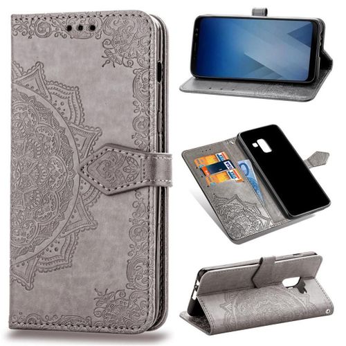 Samsung Galaxy A8 (2018) Coque, Saturcase Mandala Gaufrage Pu Cuir Magnétique Flip Portefeuille Support Porte-Carte Protecteur Coque Housse Étui Avec Dragonne Pour Samsung Galaxy A8 (2018) (Gris)