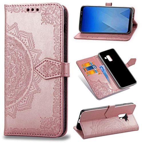 Samsung Galaxy A8 (2018) Coque, Saturcase Mandala Gaufrage Pu Cuir Magnétique Flip Portefeuille Support Porte-Carte Protecteur Coque Housse Étui Avec Dragonne Pour Samsung Galaxy A8 (2018) (Or Rose)