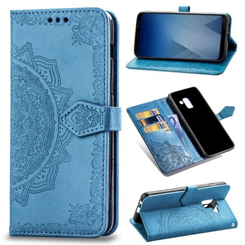 Samsung Galaxy A8 Plus (2018) Coque, Saturcase Mandala Pu Cuir Magnétique Flip Portefeuille Support Porte-Carte Protecteur Coque Housse Étui Avec Dragonne Pour Samsung Galaxy A8 Plus (2018) (Bleu)