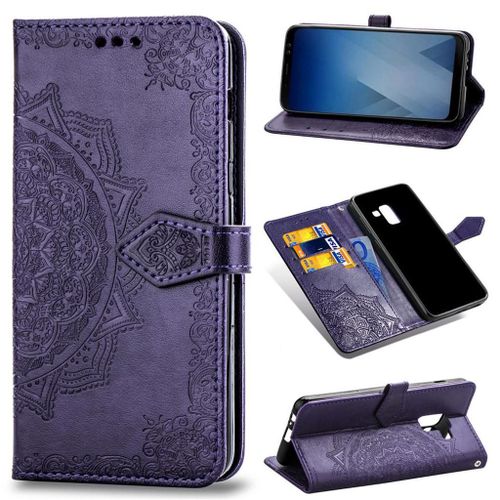 Samsung Galaxy A8 Plus (2018) Coque, Saturcase Mandala Pu Cuir Magnétique Flip Portefeuille Support Porte-Carte Protecteur Coque Housse Étui Avec Dragonne Pour Samsung Galaxy A8 Plus (2018) (Violet)