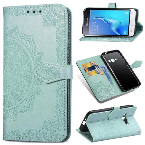 Samsung Galaxy J1 (2016) Coque, Saturcase Mandala Gaufrage Pu Cuir Magnétique Flip Portefeuille Support Porte-Carte Protecteur Coque Housse Étui Avec Dragonne Pour Samsung Galaxy J1 (2016) (Vert)