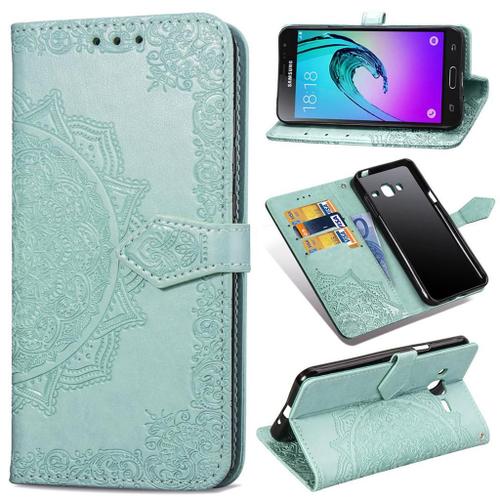 Samsung Galaxy J3 / J3 (2016) Coque, Saturcase Mandala Pu Cuir Magnétique Flip Portefeuille Support Porte-Carte Protecteur Coque Housse Étui Avec Dragonne Pour Samsung Galaxy J3 / J3 (2016) (Vert)