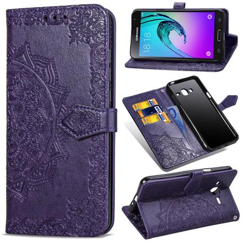 Samsung Galaxy J3 / J3 (2016) Coque, Saturcase Mandala Pu Cuir Magnétique Flip Portefeuille Support Porte-Carte Protecteur Coque Housse Étui Avec Dragonne Pour Samsung Galaxy J3 / J3 (2016) (Violet)