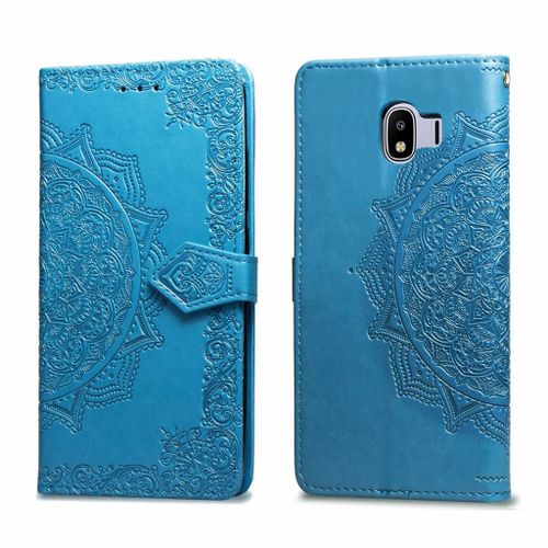 Samsung Galaxy J4 2018 Coque, Saturcase Mandala Gaufrage Pu Cuir Magnétique Flip Portefeuille Support Porte-Carte Protecteur Coque Housse Étui Avec Dragonne Pour Samsung Galaxy J4 2018 (Bleu)