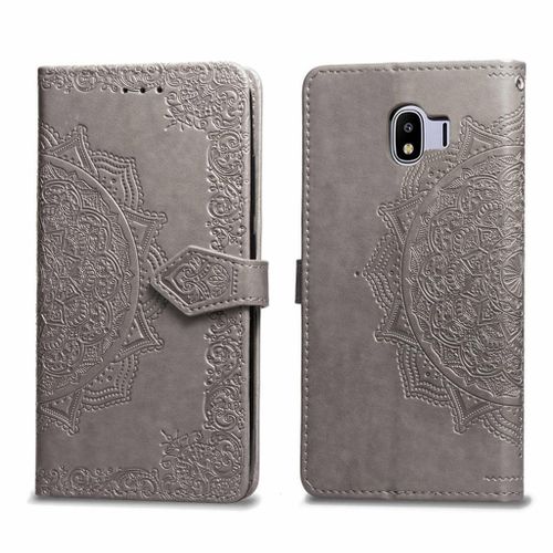 Samsung Galaxy J4 2018 Coque, Saturcase Mandala Gaufrage Pu Cuir Magnétique Flip Portefeuille Support Porte-Carte Protecteur Coque Housse Étui Avec Dragonne Pour Samsung Galaxy J4 2018 (Gris)