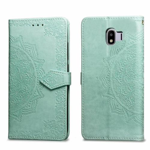 Samsung Galaxy J4 2018 Coque, Saturcase Mandala Gaufrage Pu Cuir Magnétique Flip Portefeuille Support Porte-Carte Protecteur Coque Housse Étui Avec Dragonne Pour Samsung Galaxy J4 2018 (Vert)