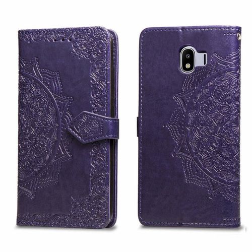 Samsung Galaxy J4 2018 Coque, Saturcase Mandala Gaufrage Pu Cuir Magnétique Flip Portefeuille Support Porte-Carte Protecteur Coque Housse Étui Avec Dragonne Pour Samsung Galaxy J4 2018 (Violet)