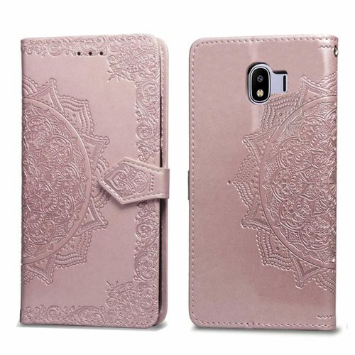 Samsung Galaxy J4 2018 Coque, Saturcase Mandala Gaufrage Pu Cuir Magnétique Flip Portefeuille Support Porte-Carte Protecteur Coque Housse Étui Avec Dragonne Pour Samsung Galaxy J4 2018 (Or Rose)