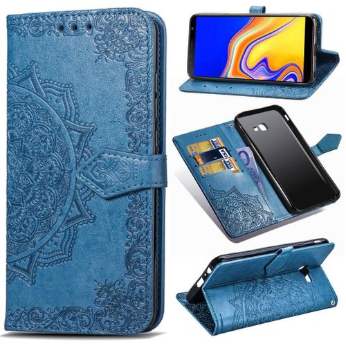 Samsung Galaxy J4 Plus 2018 Coque, Saturcase Mandala Pu Cuir Magnétique Flip Portefeuille Support Porte-Carte Protecteur Coque Housse Étui Avec Dragonne Pour Samsung Galaxy J4 Plus 2018 (Bleu)