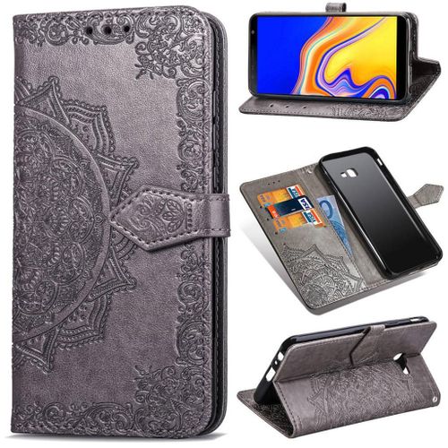 Samsung Galaxy J4 Plus 2018 Coque, Saturcase Mandala Pu Cuir Magnétique Flip Portefeuille Support Porte-Carte Protecteur Coque Housse Étui Avec Dragonne Pour Samsung Galaxy J4 Plus 2018 (Gris)
