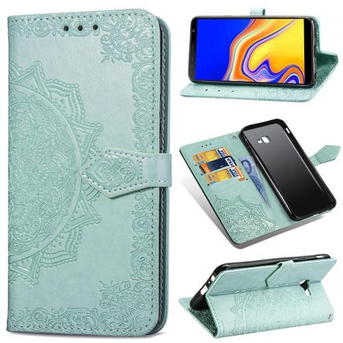 Samsung Galaxy J4 Plus 2018 Coque, Saturcase Mandala Pu Cuir Magnétique Flip Portefeuille Support Porte-Carte Protecteur Coque Housse Étui Avec Dragonne Pour Samsung Galaxy J4 Plus 2018 (Vert)