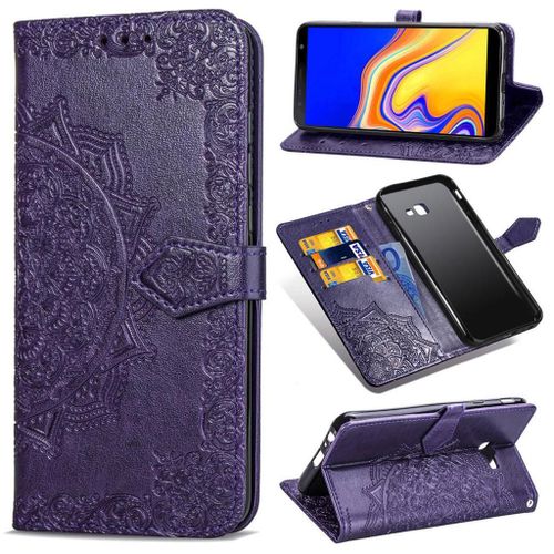 Samsung Galaxy J4 Plus 2018 Coque, Saturcase Mandala Pu Cuir Magnétique Flip Portefeuille Support Porte-Carte Protecteur Coque Housse Étui Avec Dragonne Pour Samsung Galaxy J4 Plus 2018 (Violet)