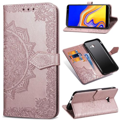 Samsung Galaxy J4 Plus 2018 Coque, Saturcase Mandala Pu Cuir Magnétique Flip Portefeuille Support Porte-Carte Protecteur Coque Housse Étui Avec Dragonne Pour Samsung Galaxy J4 Plus 2018 (Or Rose)