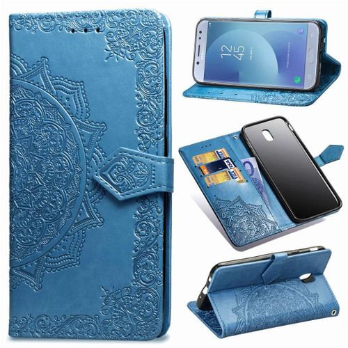 Samsung Galaxy J5 (2017) Coque, Saturcase Mandala Gaufrage Pu Cuir Magnétique Flip Portefeuille Support Porte-Carte Protecteur Coque Housse Étui Avec Dragonne Pour Samsung Galaxy J5 (2017) (Bleu)